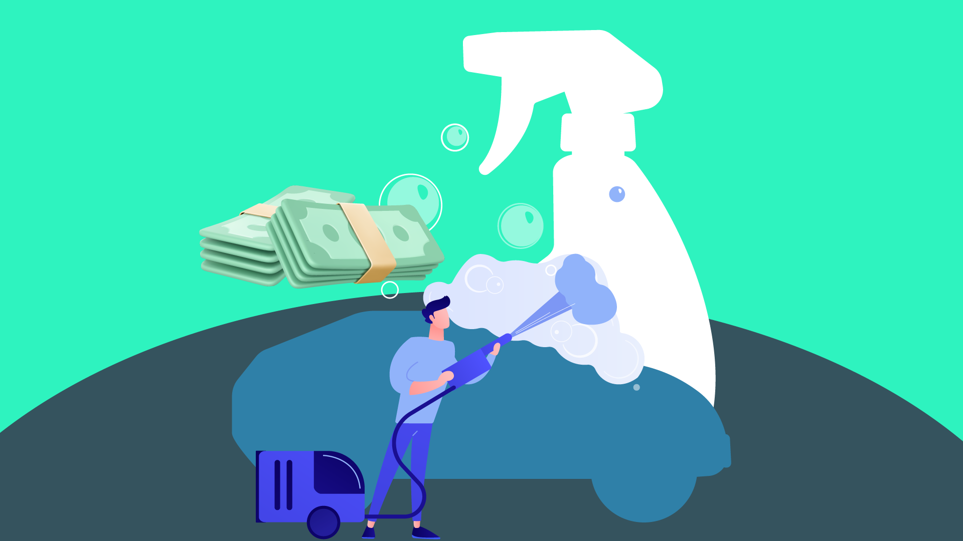 A man cleans a car with a cash graphic beside him, to represent his earnings